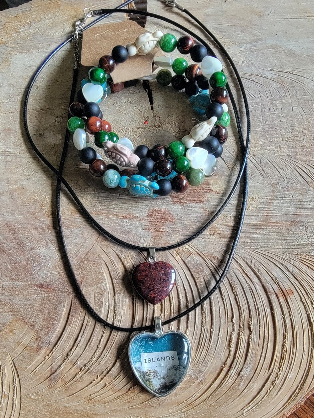 Handcrafted Heart Pendant Necklace Set with Multi-stone Wire Wrap Bracelet